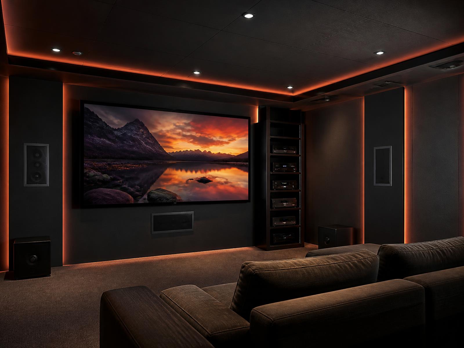 Sala de home theater calibrada com rack de equipamentos e caixas embutidas